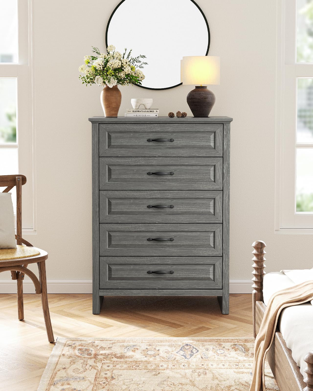 Marsail 5-Drawer Farmhouse Dresser, Solid Wood Storage Space, Sturdy Tall Chest with Smooth Glide Drawers & Anti-Slip Kit, for Bedroom or Hallway, Dark Grey
