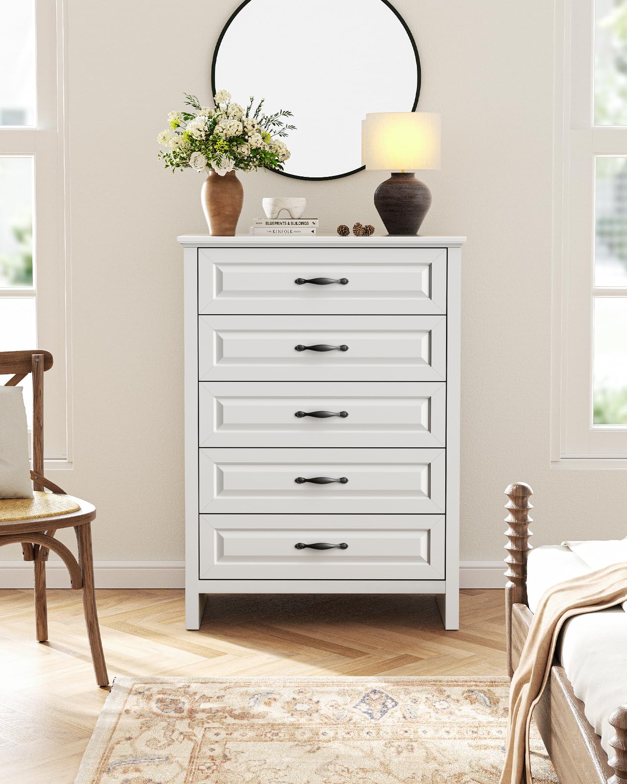 Marsail 5-Drawer Farmhouse Dresser, Solid Wood Storage Space, Sturdy Tall Chest with Smooth Glide Drawers & Anti-Slip Kit, for Bedroom or Hallway, White