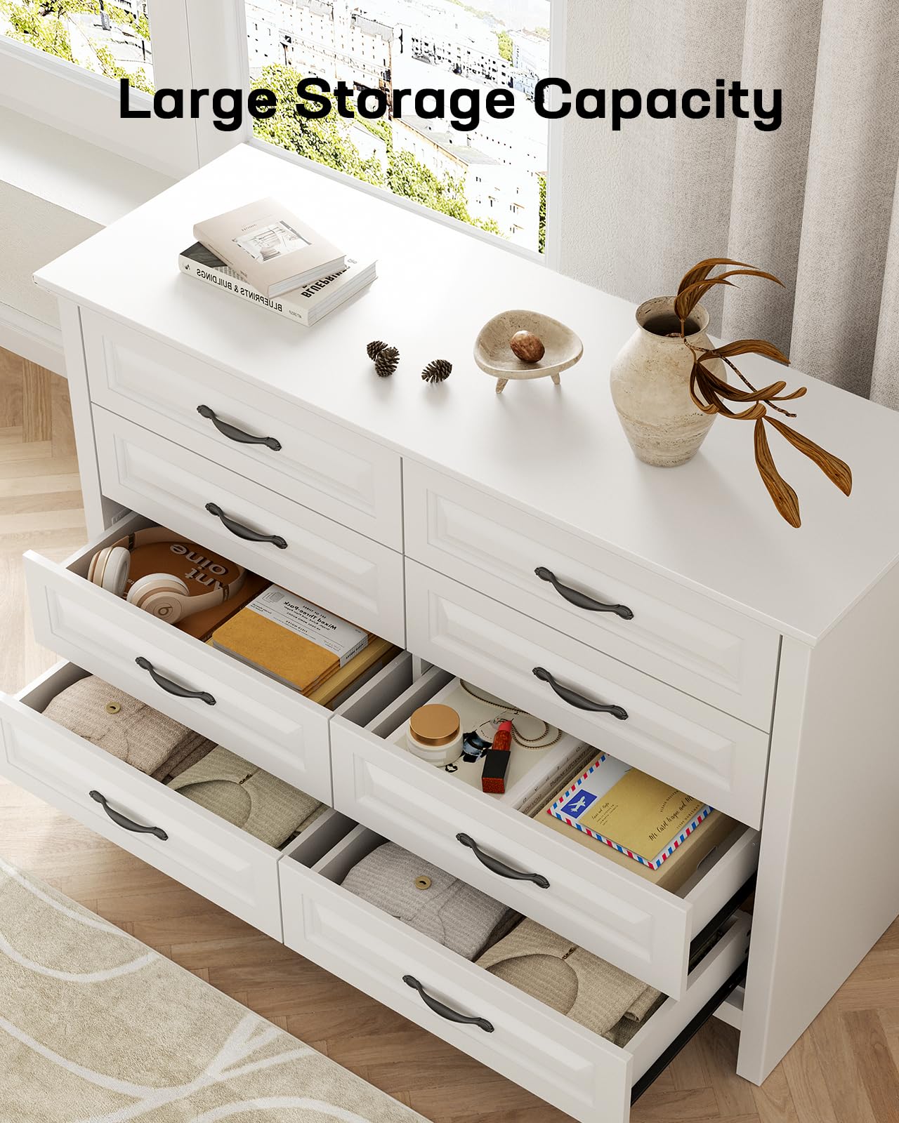 Marsail 8-Drawer Farmhouse Dresser, Solid Wood Storage Space, Sturdy Wide Chest with Smooth Glide Drawers & Anti-Slip Kit, for Bedroom or Hallway, White