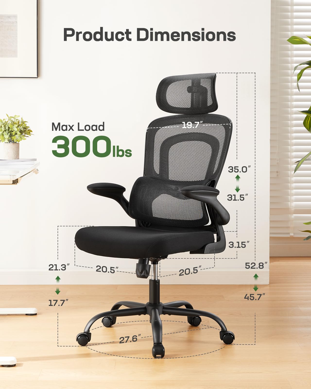 Marsail Ergonomic Office Chair with Adjustable Lumbar Support, High Back Desk Chair with 2D Headrest & Flip-Up Armrests Gaming Computer Task Chair Tilt Function Black