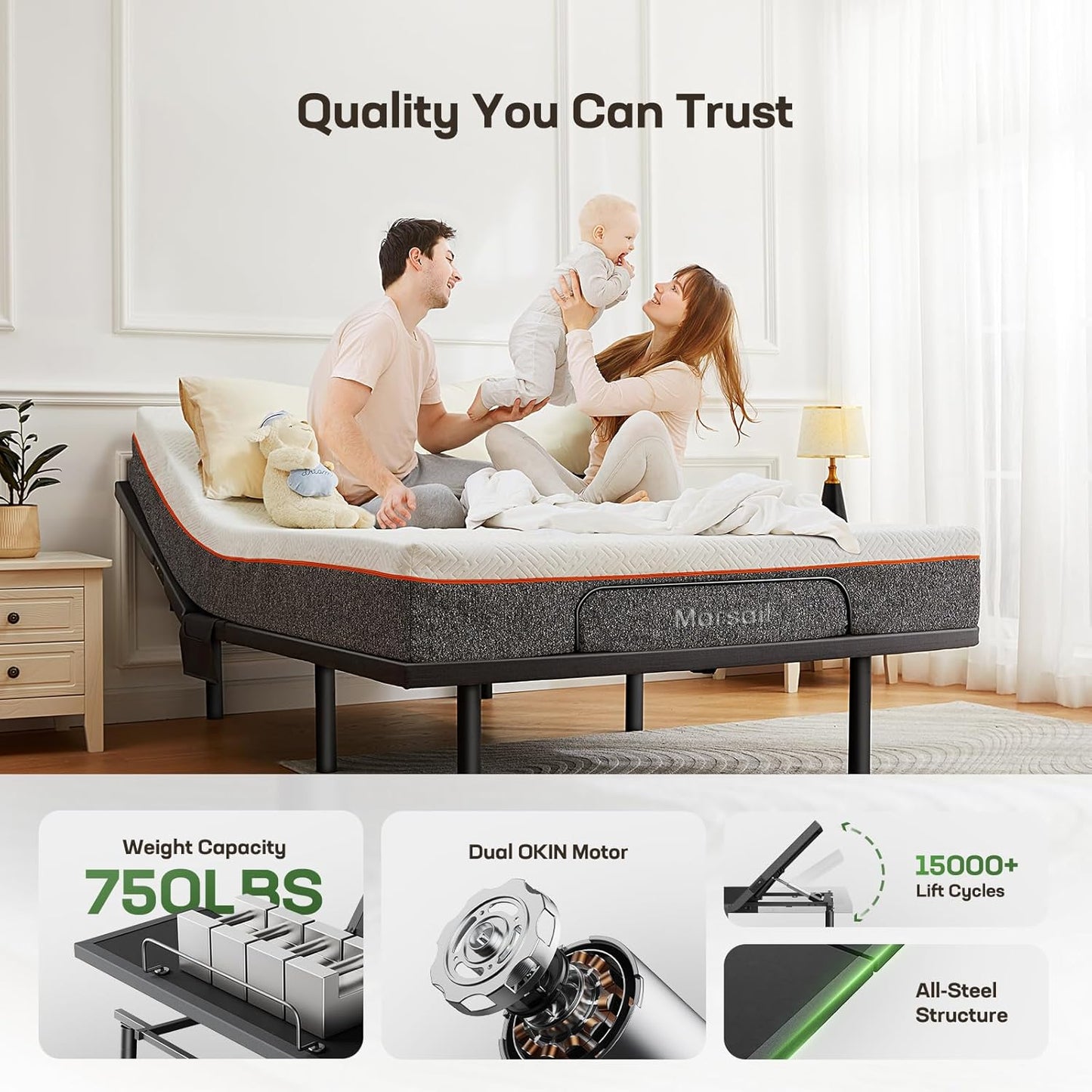 Marsail MS01-1 Split King Adjustable Bed Base with Massage, 4 Ports USB A&C Adjustable Bed Frame with Under-Bed Nightlight, 3 Minutes Assembly, Wireless Control Adjustable Bed with 4 Height Options
