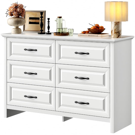 Marsail 6-Drawer Farmhouse Dresser, Solid Wood Storage Space, Sturdy Wide Chest with Smooth Glide Drawers & Anti-Slip Kit, for Bedroom or Hallway, White