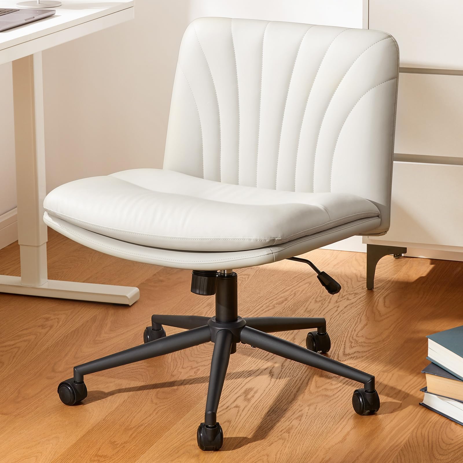Marsail Armless-Office Desk Chair with Wheels: PU Leather Cross Legged Wide Chair,Comfortable Adjustable Swivel Computer Task Chairs for Home,Office,Make Up,Small Space,Bed Room(Light Beige)