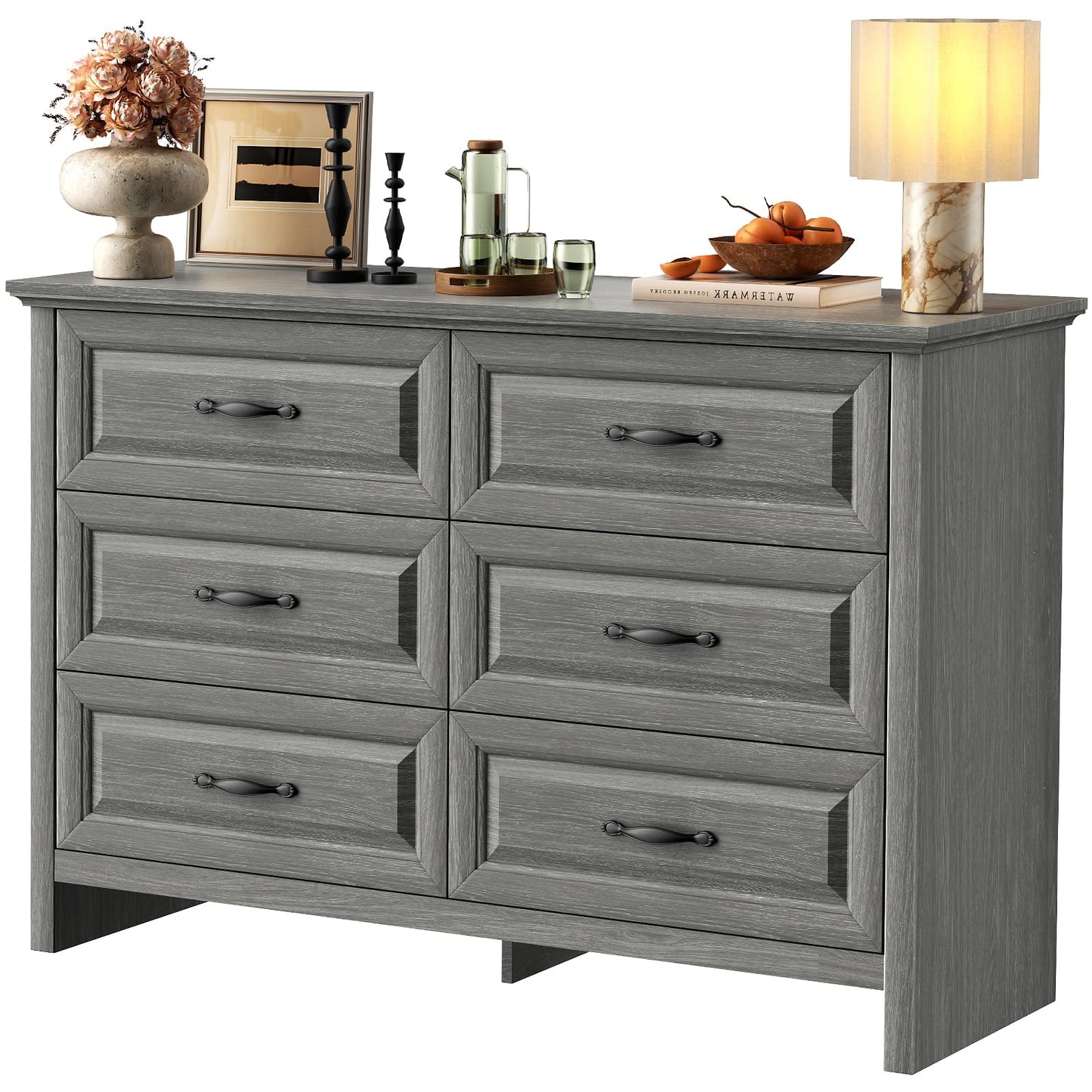 Marsail 6-Drawer Farmhouse Dresser, Solid Wood Storage Space, Sturdy Wide Chest with Smooth Glide Drawers & Anti-Slip Kit, for Bedroom or Hallway, Dark Grey
