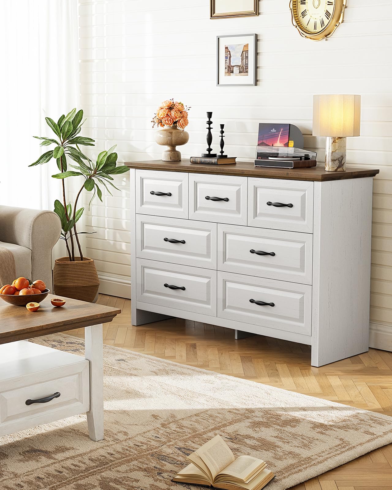 Marsail 7-Drawer Farmhouse Dresser, Solid Wood Storage Space, Sturdy Wide Chest with Smooth Glide Drawers & Anti-Slip Kit, for Bedroom or Hallway, Brown&White