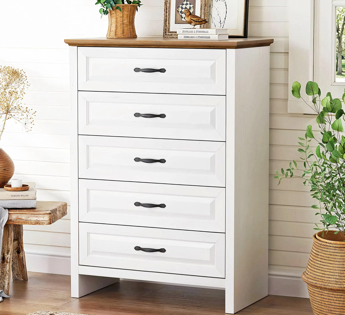 Marsail 5 Drawer Dresser for Bedroom, Modern Farmhouse Wood Wide Chest of Drawers, Storage Dressers Organizer with Anti-Slip Kit for Living Room, Bedroom & Hallway, Wood White