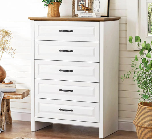 Marsail 5 Drawer Dresser for Bedroom, Modern Farmhouse Wood Wide Chest of Drawers, Storage Dressers Organizer with Anti-Slip Kit for Living Room, Bedroom & Hallway, Wood White
