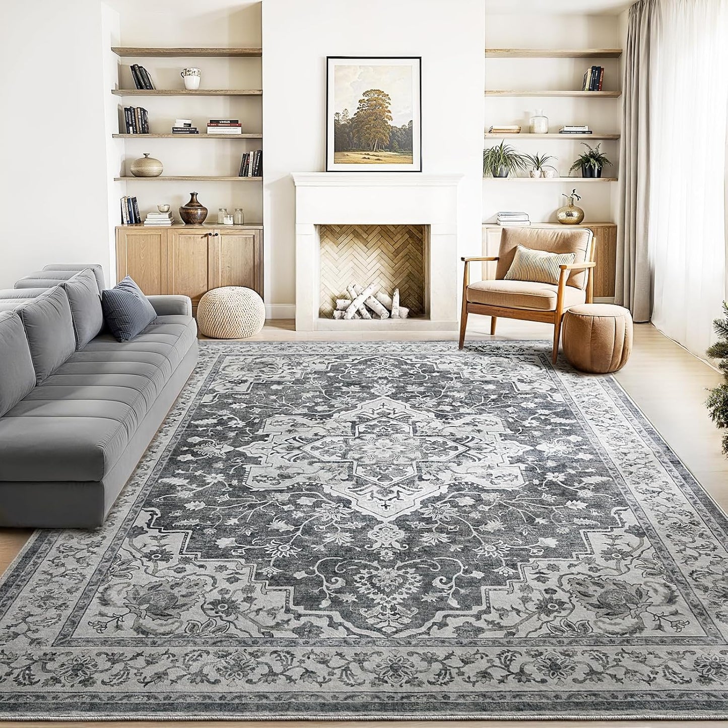 Marsail 8x10 Machine Washable Area Rug, Soft & Slip-Resistant Large Area Rug with Reinforced Bound Edges, Vintage Short-Pile Washable Rug with Floral Pattern for Living Room, Dinning Room and Bedroom
