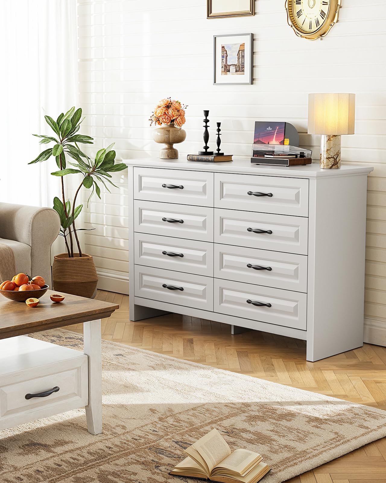 Marsail 8-Drawer Farmhouse Dresser, Solid Wood Storage Space, Sturdy Wide Chest with Smooth Glide Drawers & Anti-Slip Kit, for Bedroom or Hallway, White