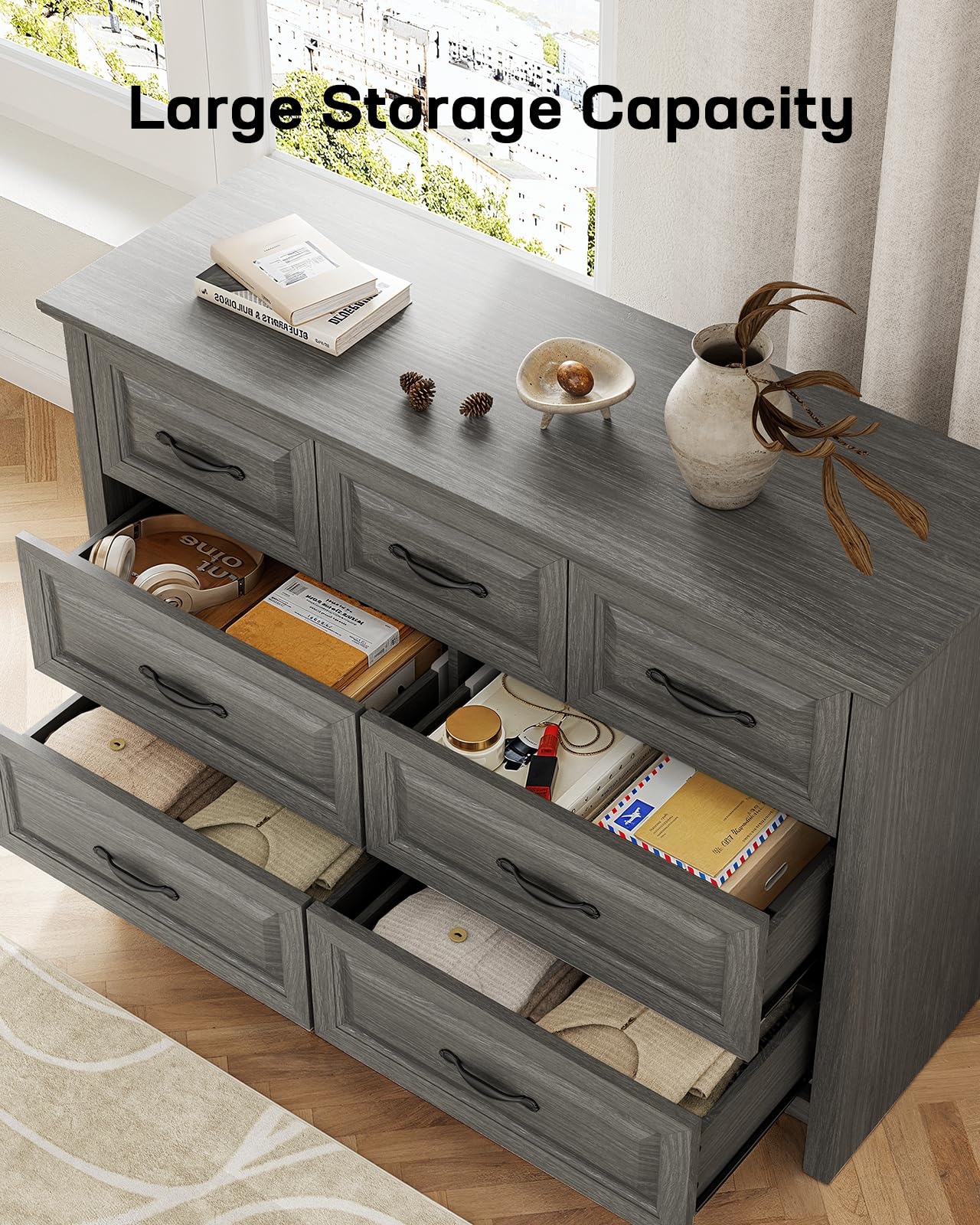 Marsail 7-Drawer Farmhouse Dresser, Solid Wood Storage Space, Sturdy Wide Chest with Smooth Glide Drawers & Anti-Slip Kit, for Bedroom or Hallway, Dark Grey