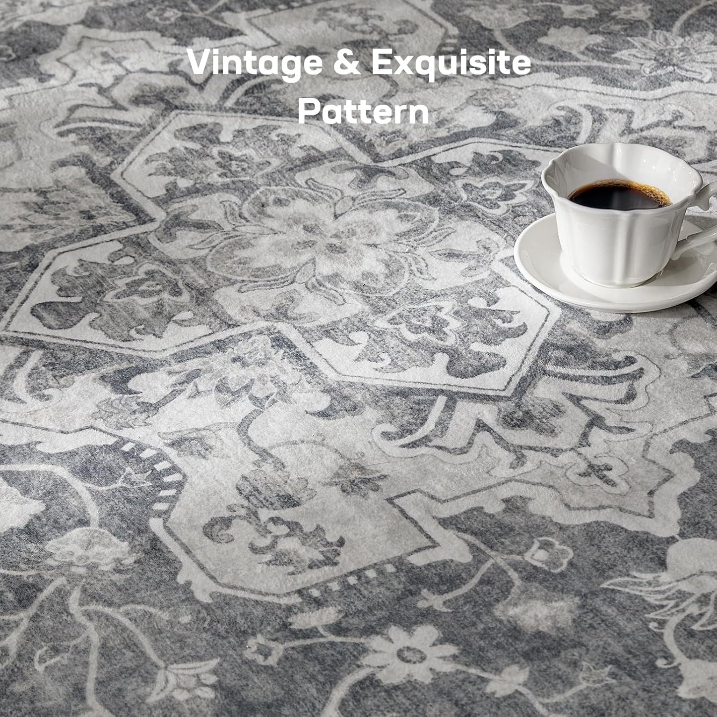 Marsail 8x10 Machine Washable Area Rug, Soft & Slip-Resistant Large Area Rug with Reinforced Bound Edges, Vintage Short-Pile Washable Rug with Floral Pattern for Living Room, Dinning Room and Bedroom