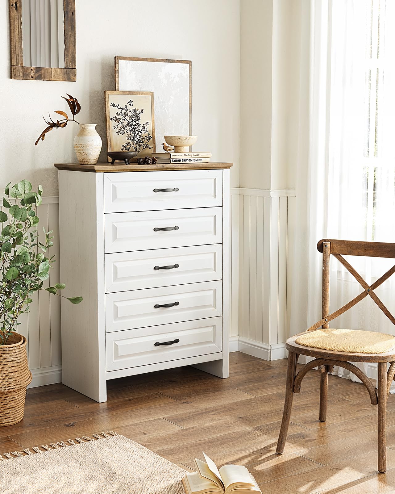 Marsail 5 Drawer Dresser for Bedroom, Modern Farmhouse Wood Wide Chest of Drawers, Storage Dressers Organizer with Anti-Slip Kit for Living Room, Bedroom & Hallway, Wood White