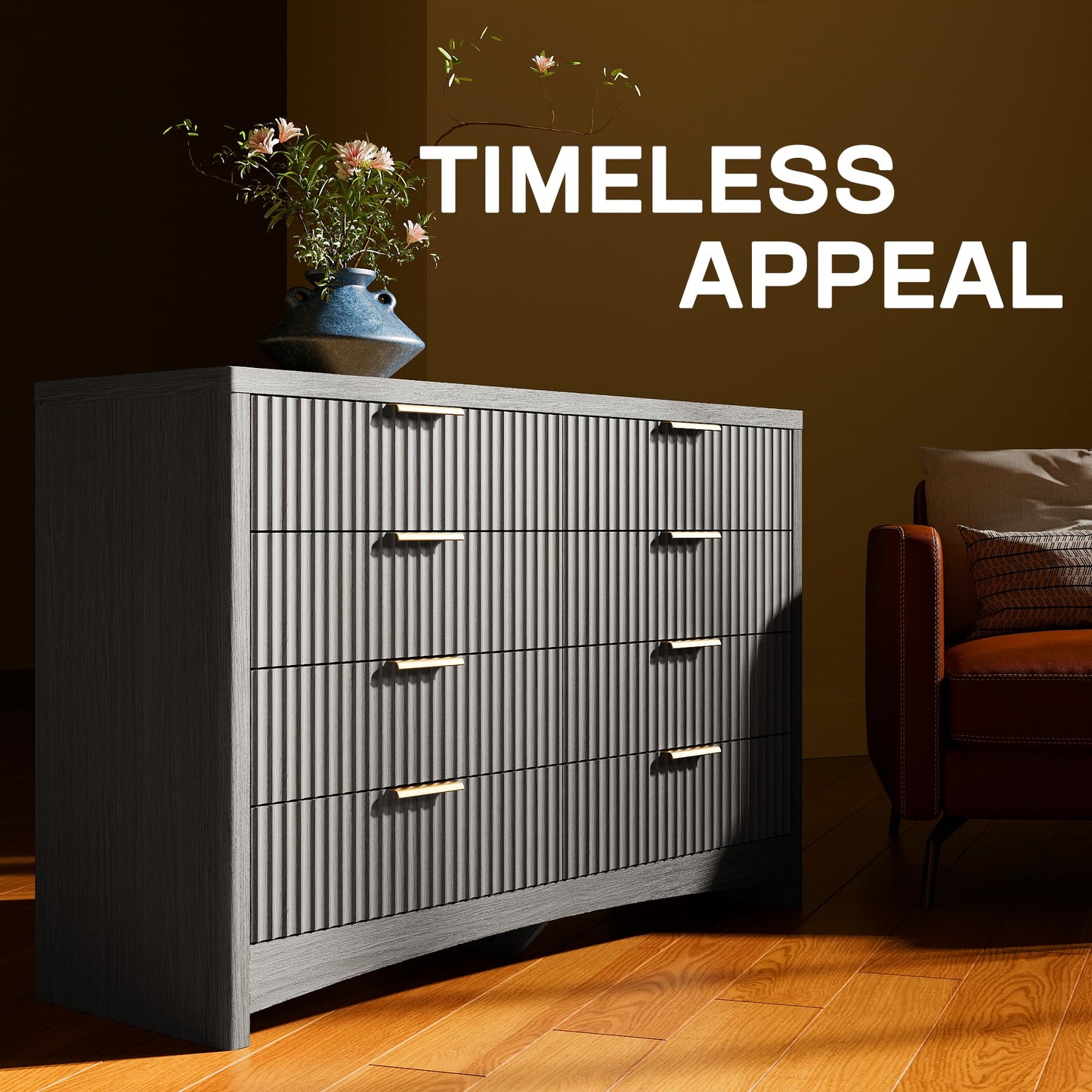 Marsail Fluted 8-Drawer Wide Wooden Dresser, Smooth Gliding Drawers & Large Capacity Storage Space, Modern Organizer Cabinet for Bedroom or Hallway, Light Grey