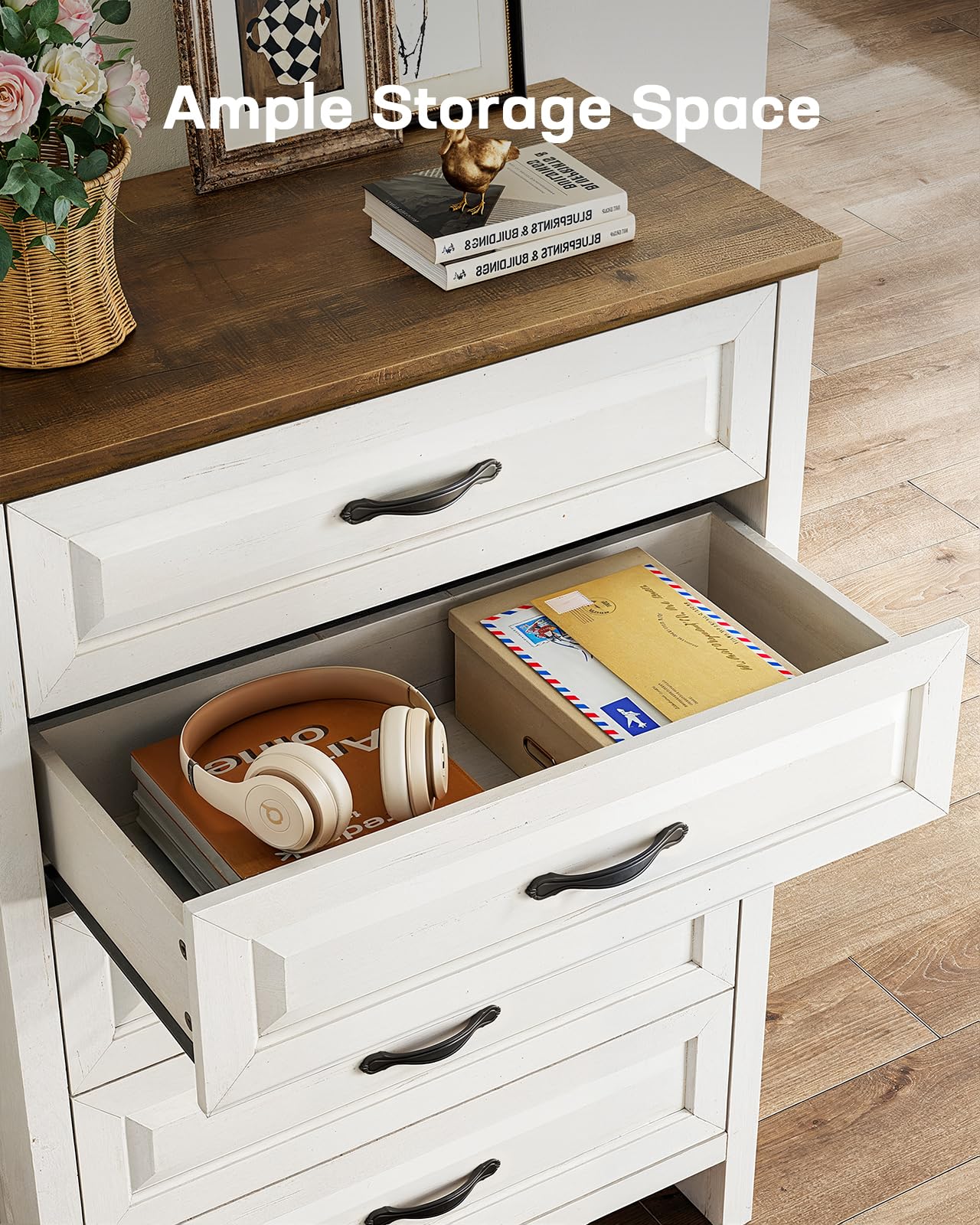 Marsail 5 Drawer Dresser for Bedroom, Modern Farmhouse Wood Wide Chest of Drawers, Storage Dressers Organizer with Anti-Slip Kit for Living Room, Bedroom & Hallway, Wood White