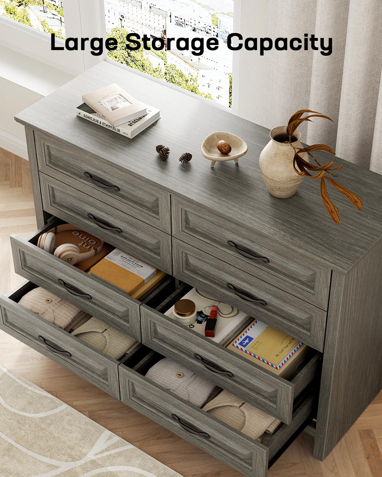 Marsail 8-Drawer Farmhouse Dresser, Solid Wood Storage Space, Sturdy Wide Chest with Smooth Glide Drawers & Anti-Slip Kit, for Bedroom or Hallway, Dark Grey