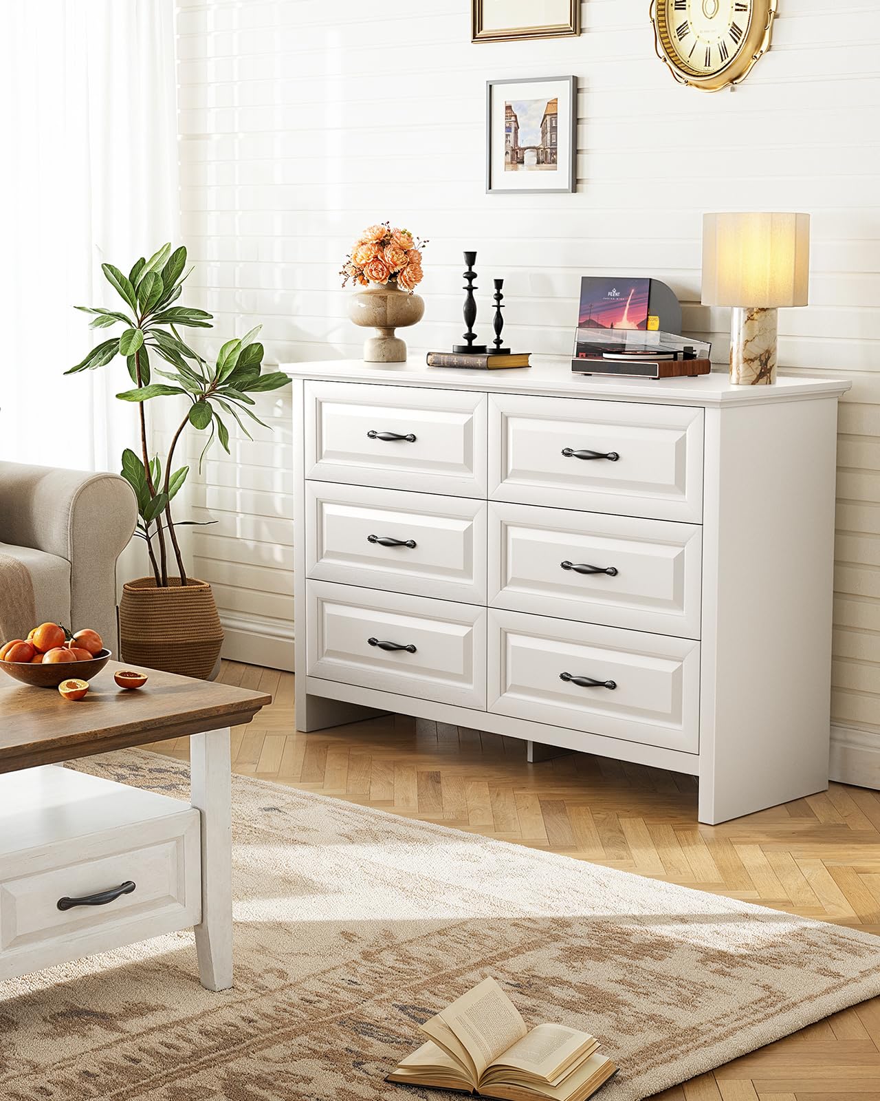 Marsail 6-Drawer Farmhouse Dresser, Solid Wood Storage Space, Sturdy Wide Chest with Smooth Glide Drawers & Anti-Slip Kit, for Bedroom or Hallway, White