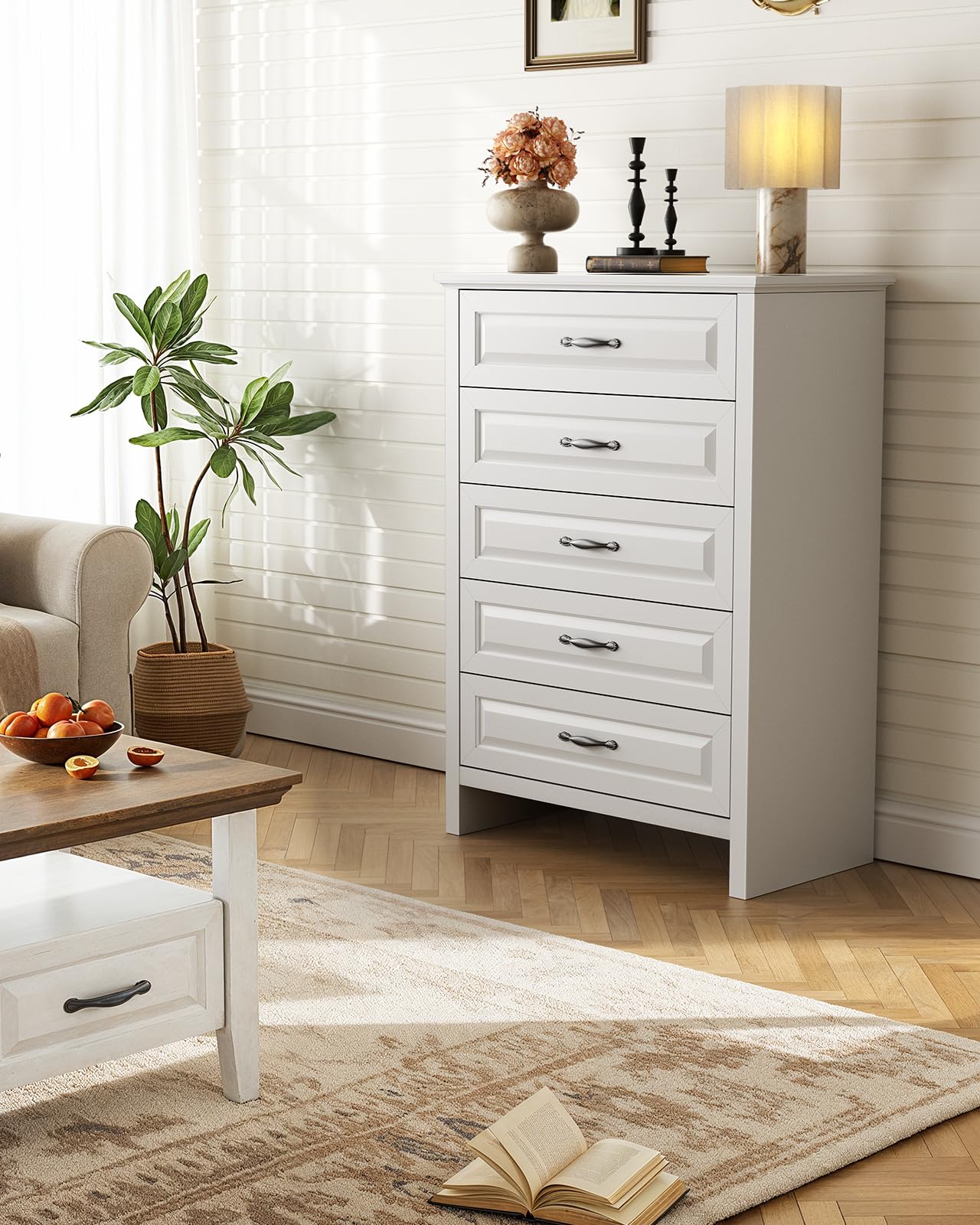 Marsail 5-Drawer Farmhouse Dresser, Solid Wood Storage Space, Sturdy Tall Chest with Smooth Glide Drawers & Anti-Slip Kit, for Bedroom or Hallway, White