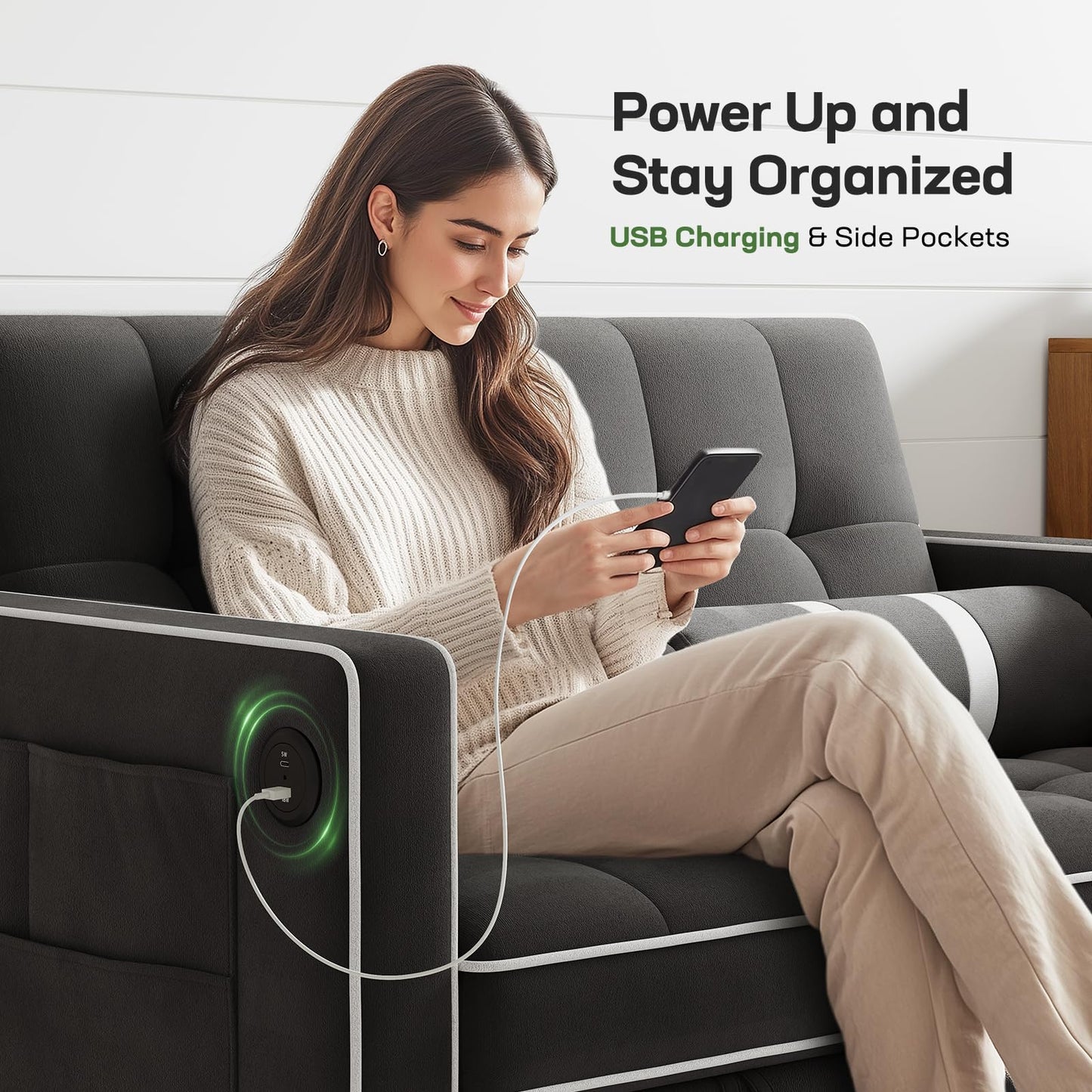 Marsail 3-in-1 Convertible Futon Sleeper Sofa Bed, Pull Out Couch with Adjustable Backrest, USB Charging & Side Pockets, Velvet Fabric Sofa for Living Room, Apartment, Loveseat, Black