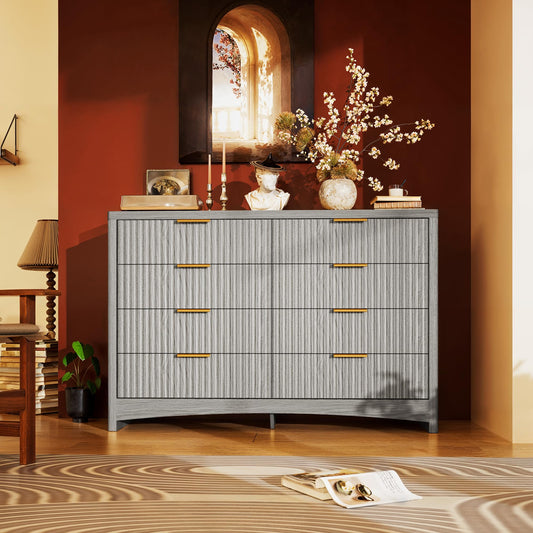 Marsail Fluted 8-Drawer Wide Wooden Dresser, Smooth Gliding Drawers & Large Capacity Storage Space, Modern Organizer Cabinet for Bedroom or Hallway, Light Grey