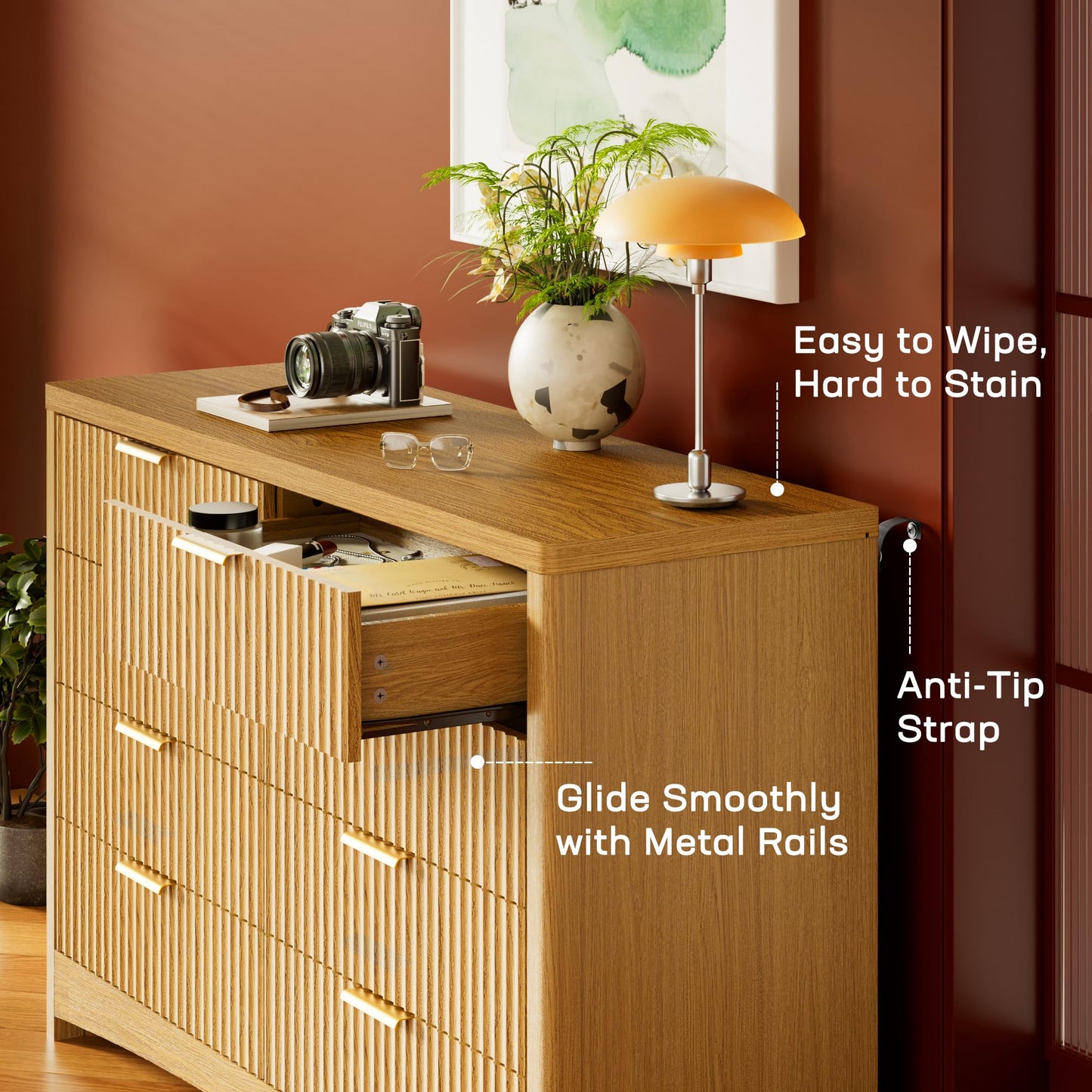 Marsail 8 Drawer Wooden Dresser with Smooth-Glide Drawers, Modern Storage Solution for Bedrooms, Living Rooms, and Hallways, Featuring Large Capacity and an Elegant Natural Wood Finish, Natural Oak