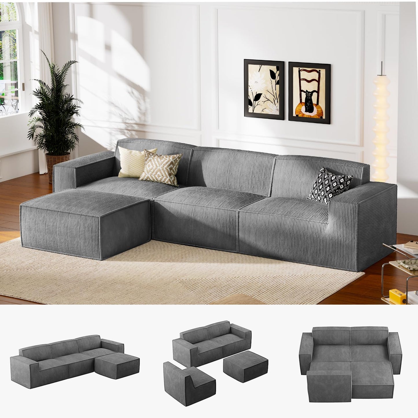 Marsail Modular Sofa, Corduroy Cloud Couches with Deep Seats and High-Back Design, Modular Sectional Sofa for Living Room