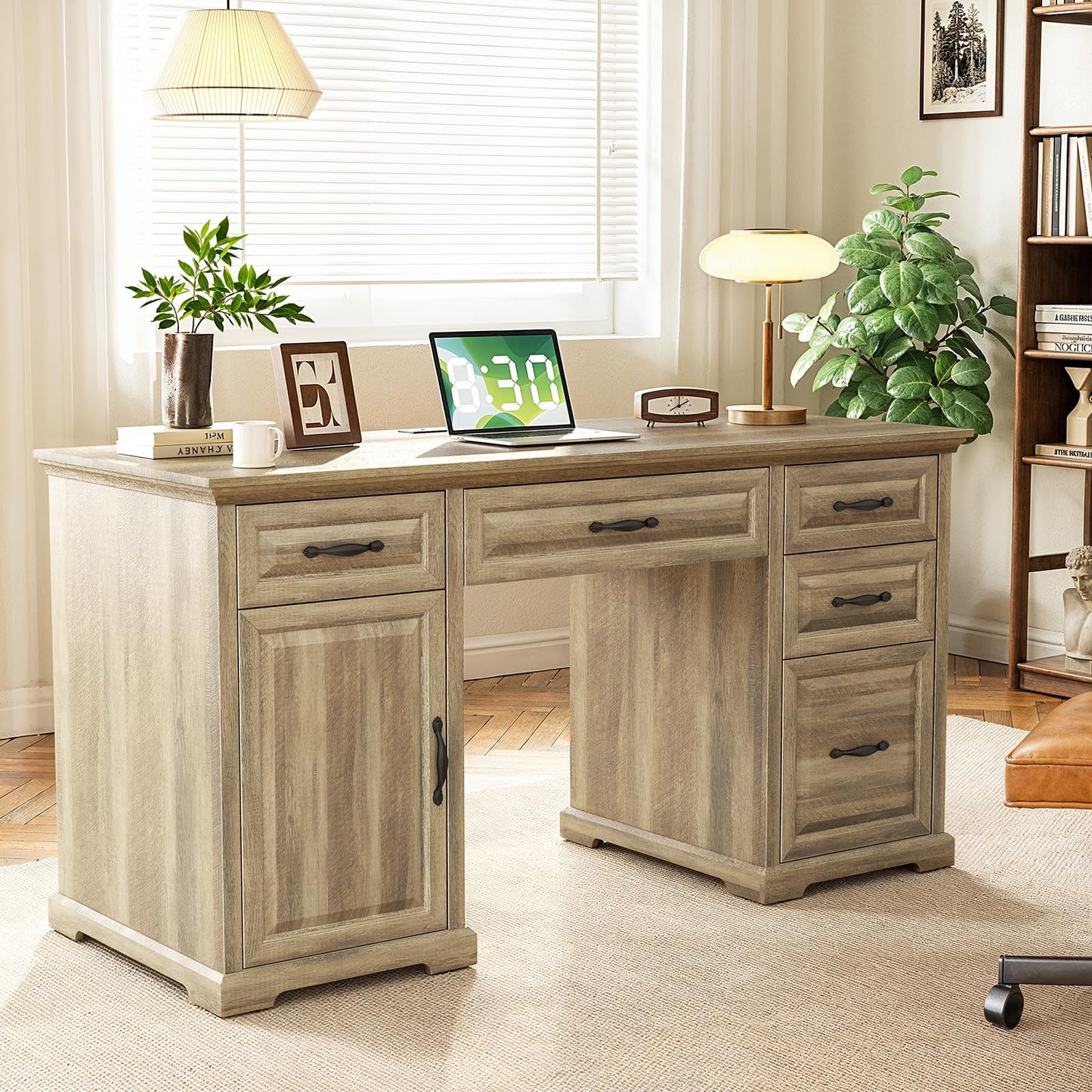 Marsail 60″ Farmhouse Executive Desk, Home Office Desk with Storage Cabinet, Charging Station, Adjustable Shelf, and File Drawer, Rustic Computer Writing Desk for Work & Study, Natural