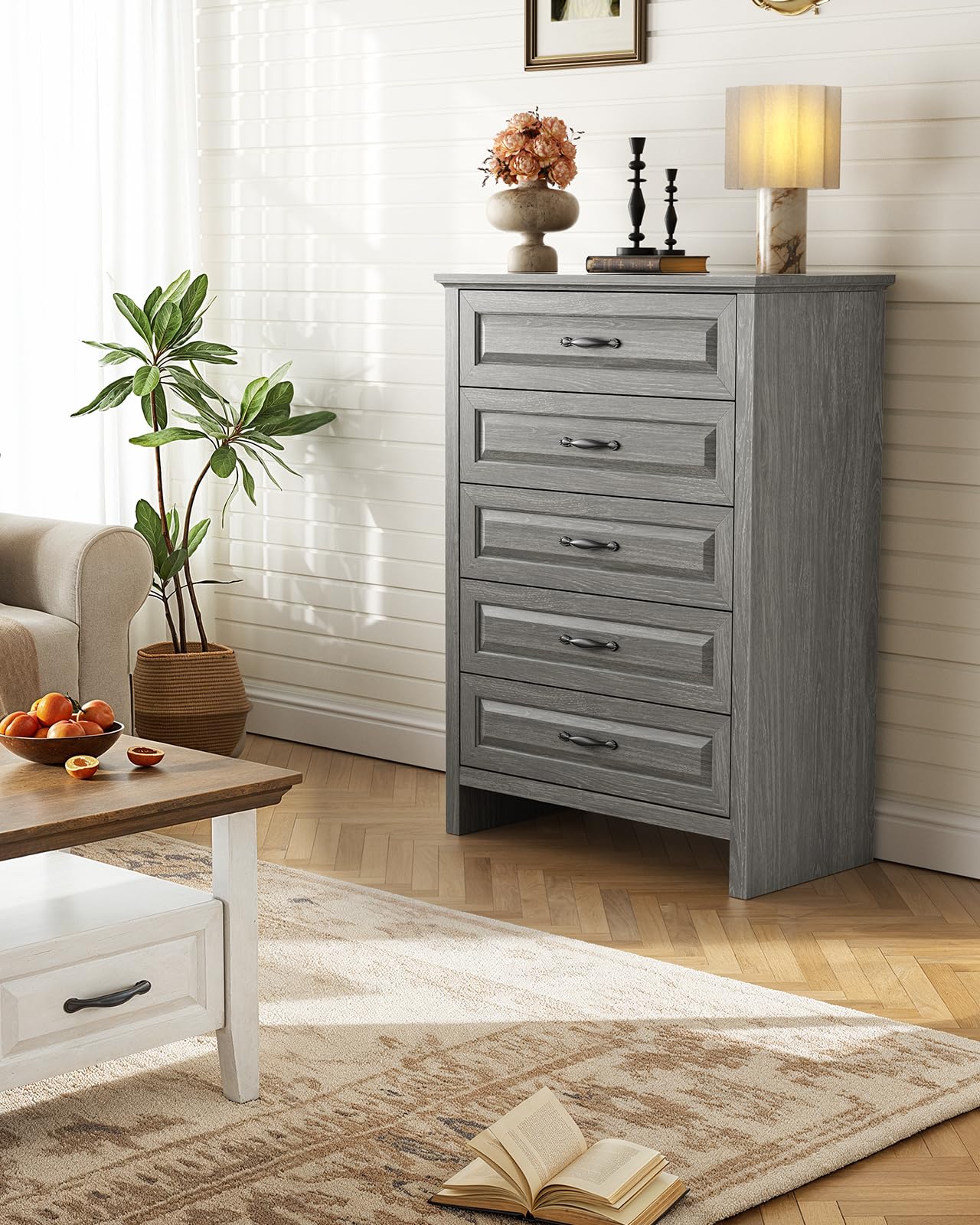Marsail 5-Drawer Farmhouse Dresser, Solid Wood Storage Space, Sturdy Tall Chest with Smooth Glide Drawers & Anti-Slip Kit, for Bedroom or Hallway, Dark Grey