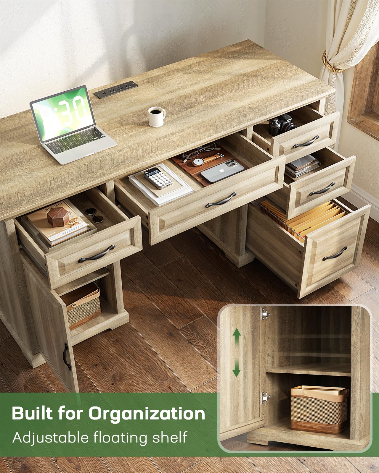 Marsail 60″ Farmhouse Executive Desk, Home Office Desk with Storage Cabinet, Charging Station, Adjustable Shelf, and File Drawer, Rustic Computer Writing Desk for Work & Study, Natural