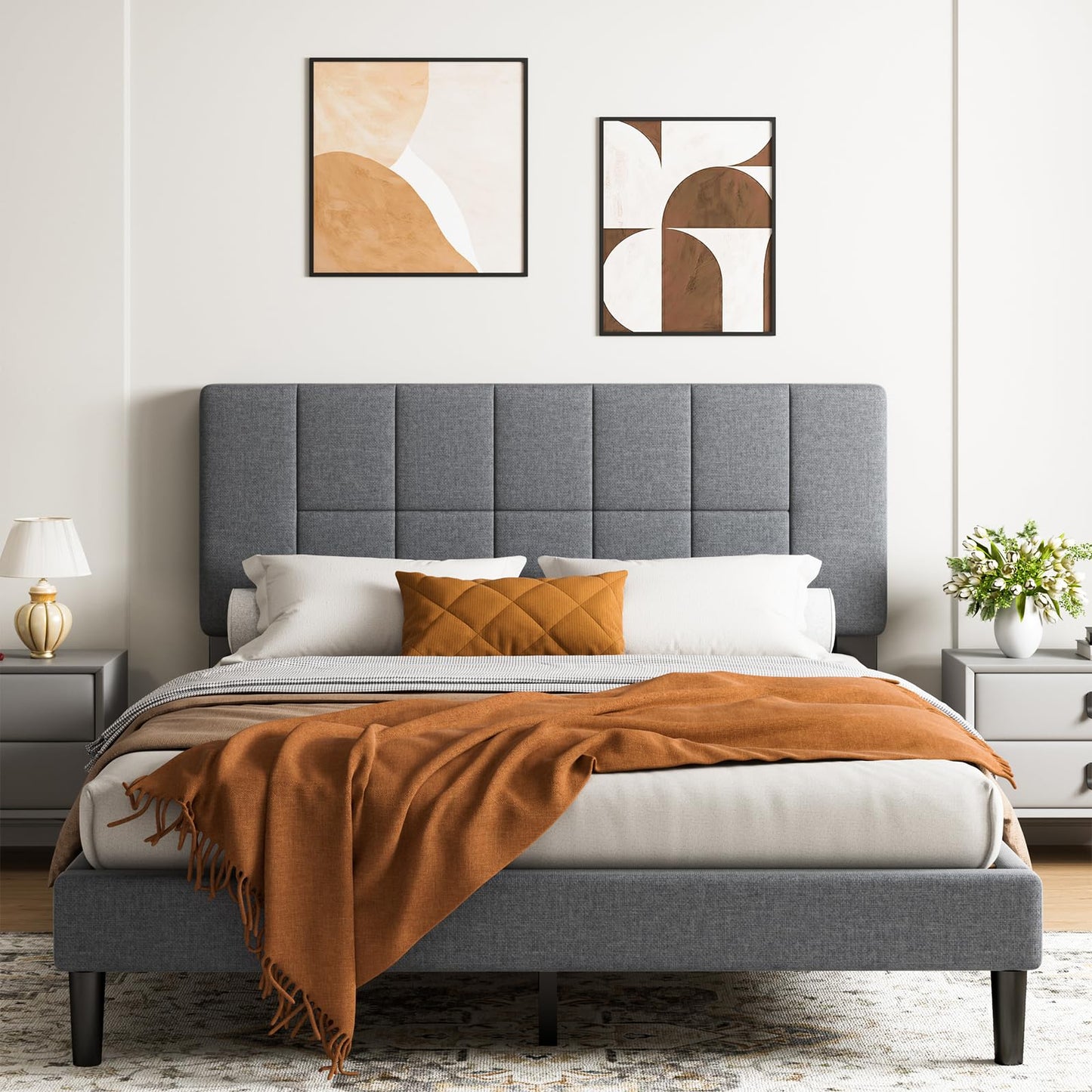 Marsail Queen Size Bed Frame, Sturdy and Durable with 12 Support Legs, 1300 lbs Capacity, Solid Wooden Upholstered Adjustable Headboard for 6"-12" Mattresses, Easy Assembly, Ideal Height, Dark Gray