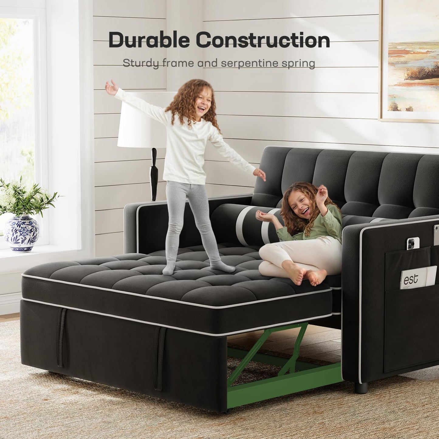 Marsail 3-in-1 Convertible Futon Sleeper Sofa Bed, Pull Out Couch with Adjustable Backrest, USB Charging & Side Pockets, Velvet Fabric Sofa for Living Room, Apartment, Loveseat, Black