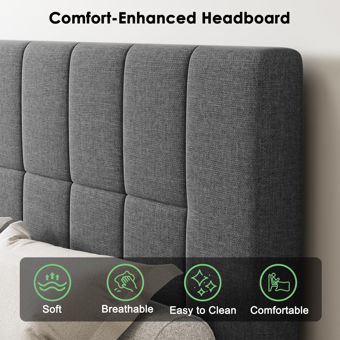 Marsail Queen Size Bed Frame, Sturdy and Durable with 12 Support Legs, 1300 lbs Capacity, Solid Wooden Upholstered Adjustable Headboard for 6"-12" Mattresses, Easy Assembly, Ideal Height, Dark Gray