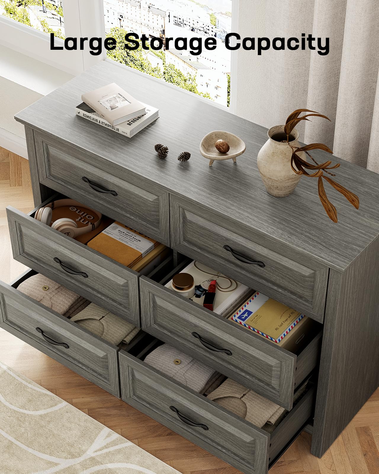 Marsail 6-Drawer Farmhouse Dresser, Solid Wood Storage Space, Sturdy Wide Chest with Smooth Glide Drawers & Anti-Slip Kit, for Bedroom or Hallway, Dark Grey