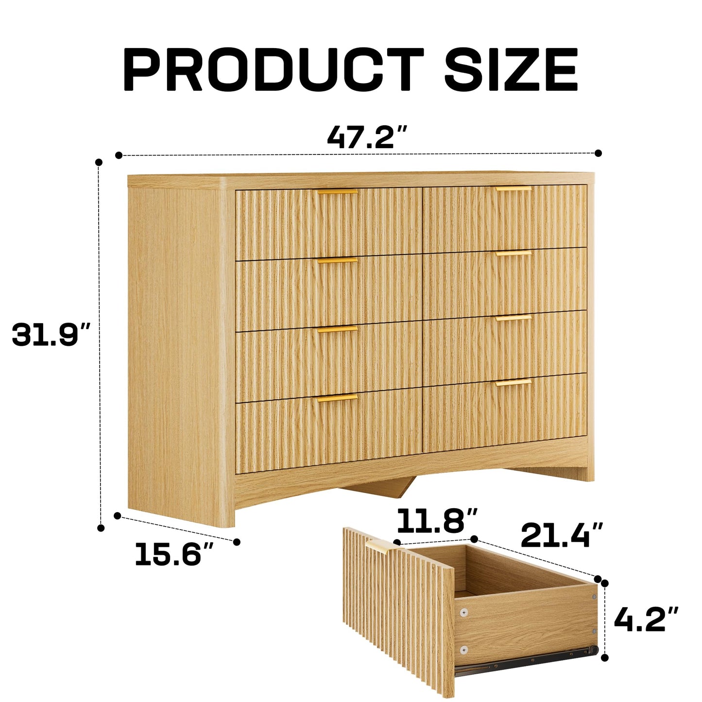 Marsail 8 Drawer Wooden Dresser with Smooth-Glide Drawers, Modern Storage Solution for Bedrooms, Living Rooms, and Hallways, Featuring Large Capacity and an Elegant Natural Wood Finish, Natural Oak