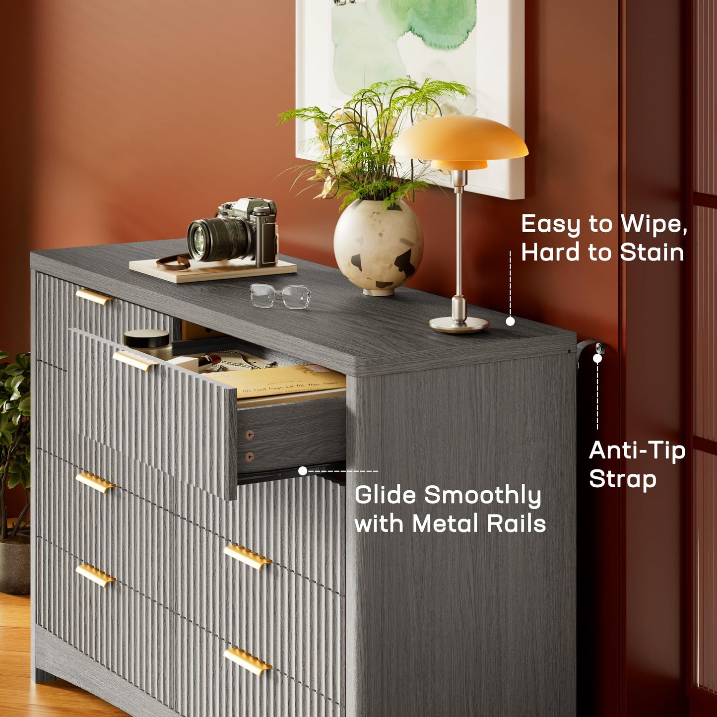 Marsail Fluted 8-Drawer Wide Wooden Dresser, Smooth Gliding Drawers & Large Capacity Storage Space, Modern Organizer Cabinet for Bedroom or Hallway, Light Grey