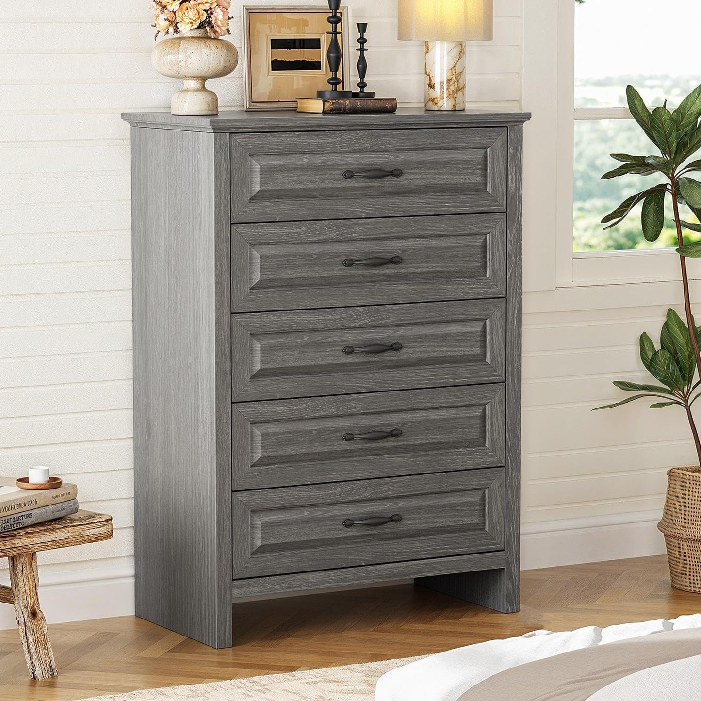 Marsail 5-Drawer Farmhouse Dresser, Solid Wood Storage Space, Sturdy Tall Chest with Smooth Glide Drawers & Anti-Slip Kit, for Bedroom or Hallway, Dark Grey