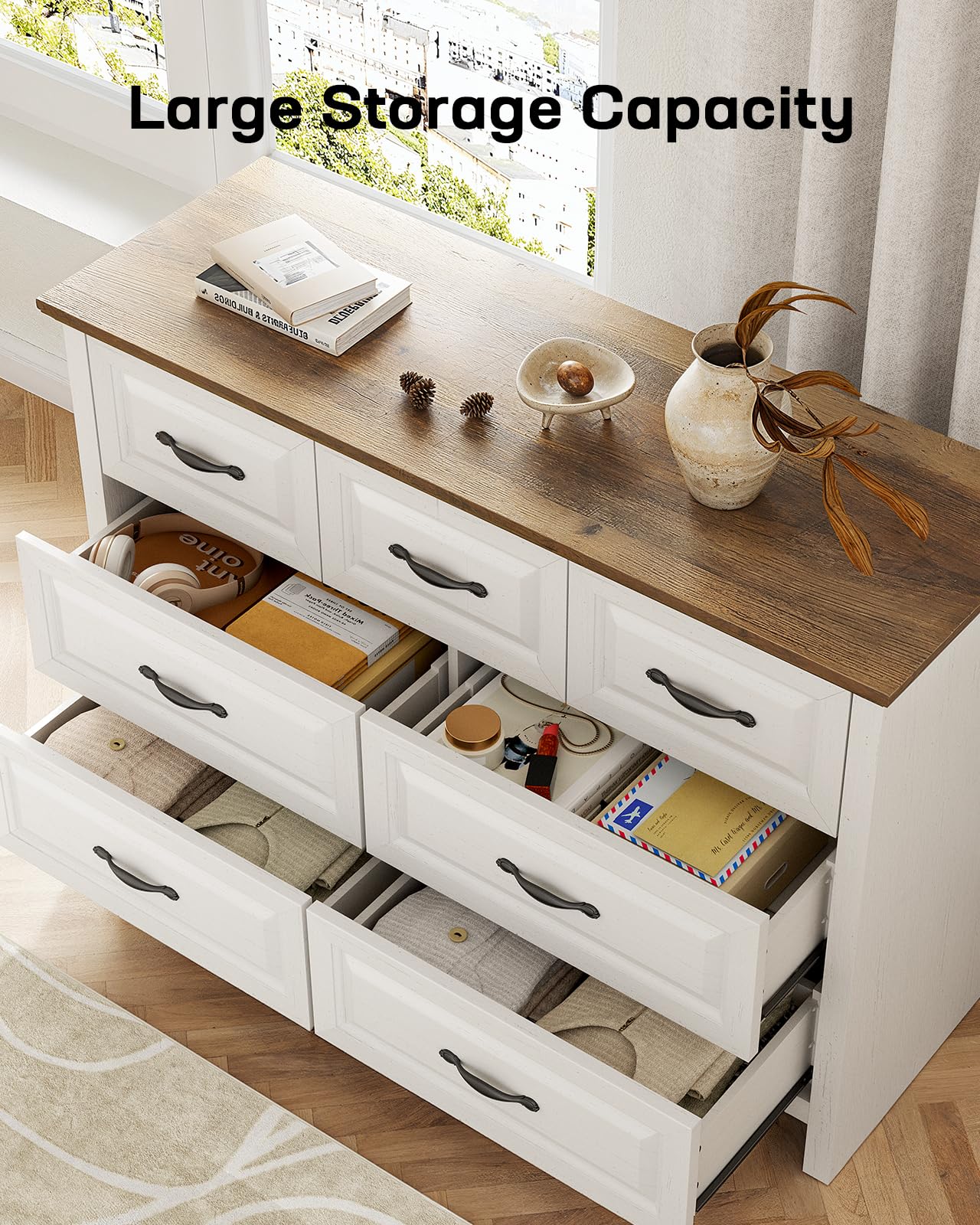 Marsail 7-Drawer Farmhouse Dresser, Solid Wood Storage Space, Sturdy Wide Chest with Smooth Glide Drawers & Anti-Slip Kit, for Bedroom or Hallway, Brown&White