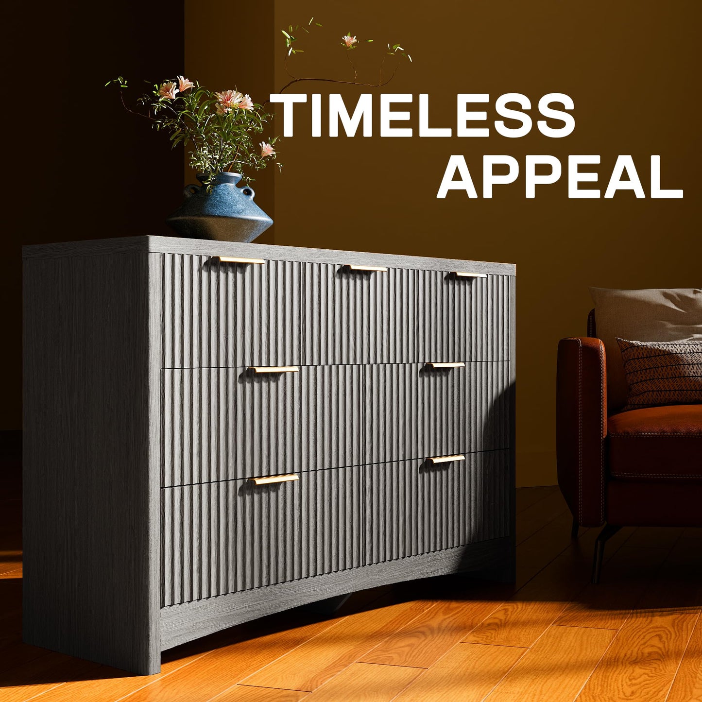 Marsail Fluted 7-Drawer Wide Wooden Dresser, Smooth Gliding Drawers & Large Capacity Storage Space, Modern Organizer Cabinet for Bedroom or Hallway, Light Grey