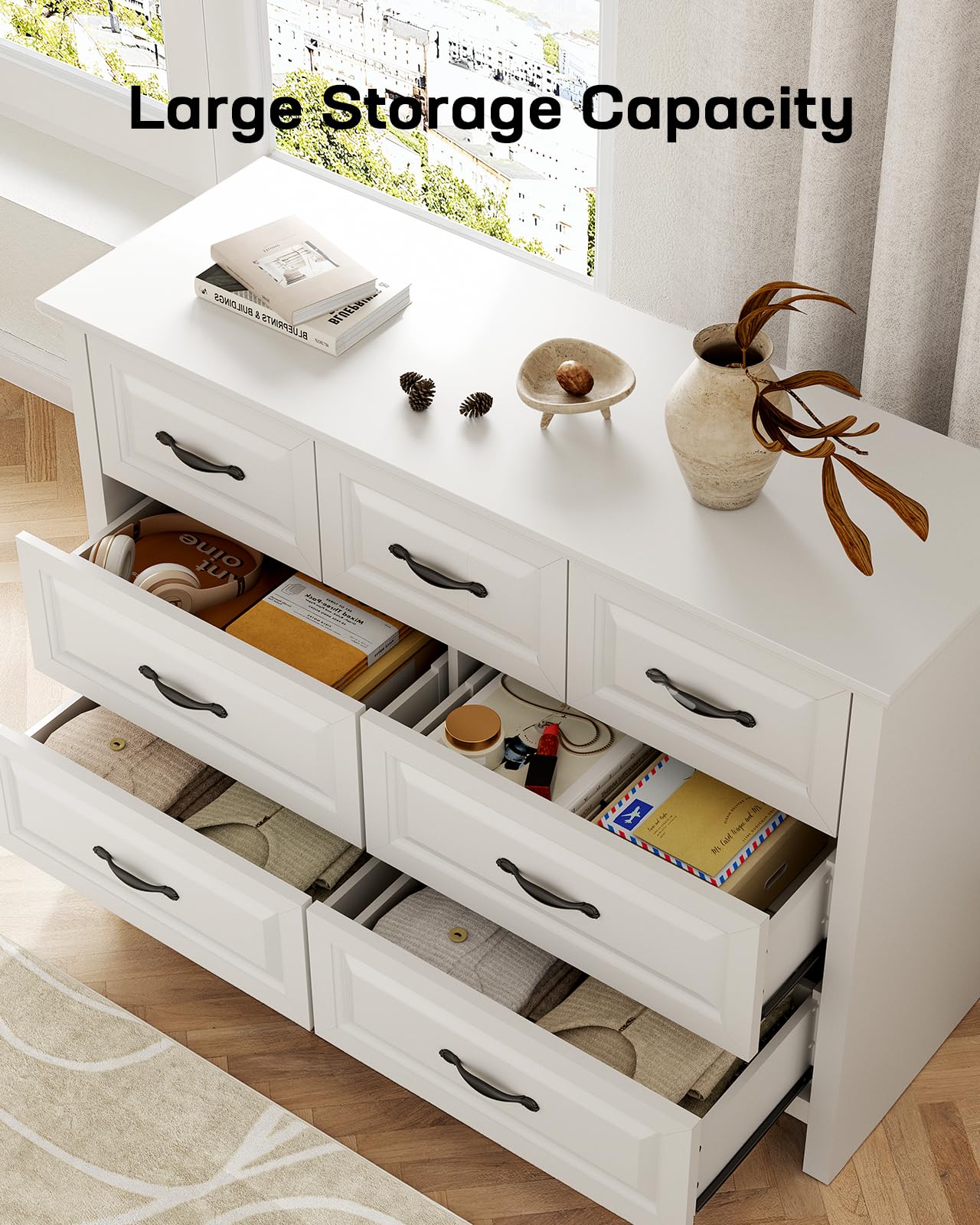 Marsail 7-Drawer Farmhouse Dresser, Solid Wood Storage Space, Sturdy Wide Chest with Smooth Glide Drawers & Anti-Slip Kit, for Bedroom or Hallway, White