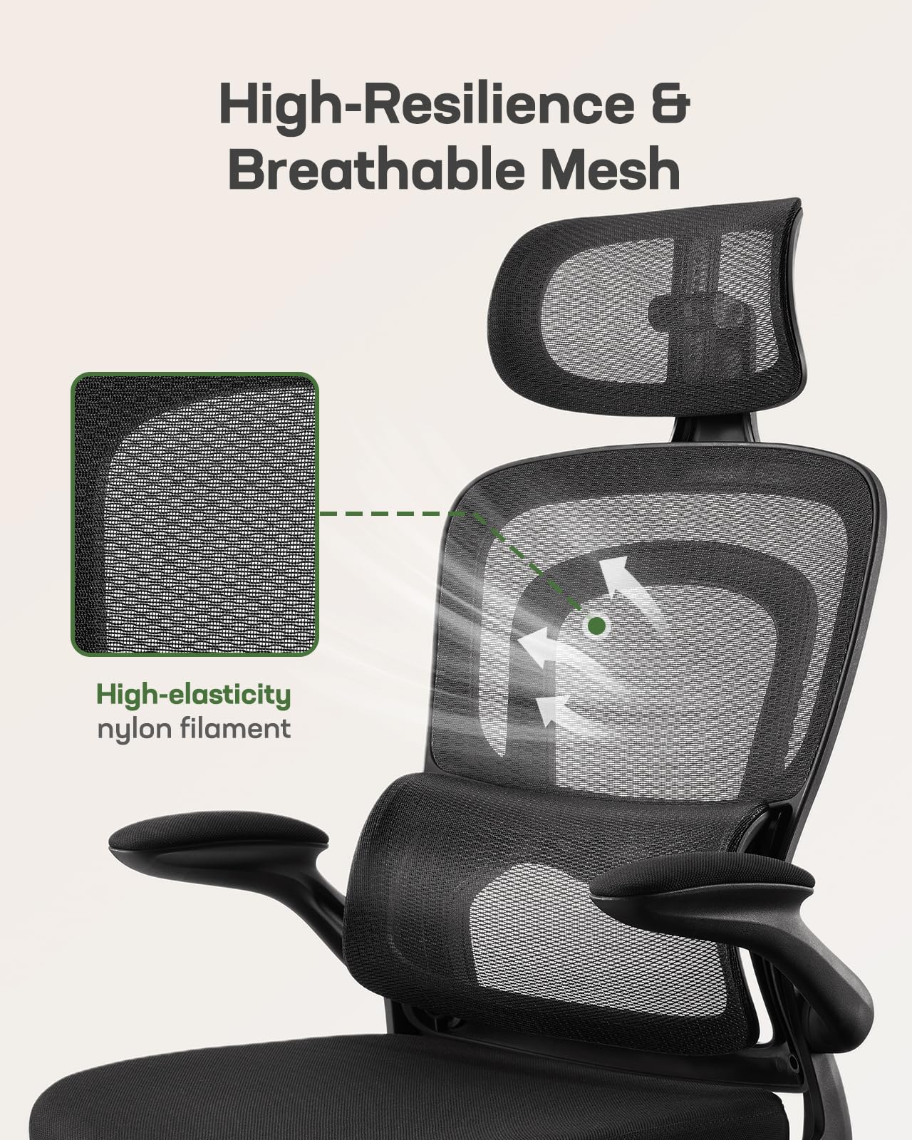 Marsail Ergonomic Office Chair with Adjustable Lumbar Support, High Back Desk Chair with 2D Headrest & Flip-Up Armrests Gaming Computer Task Chair Tilt Function Black