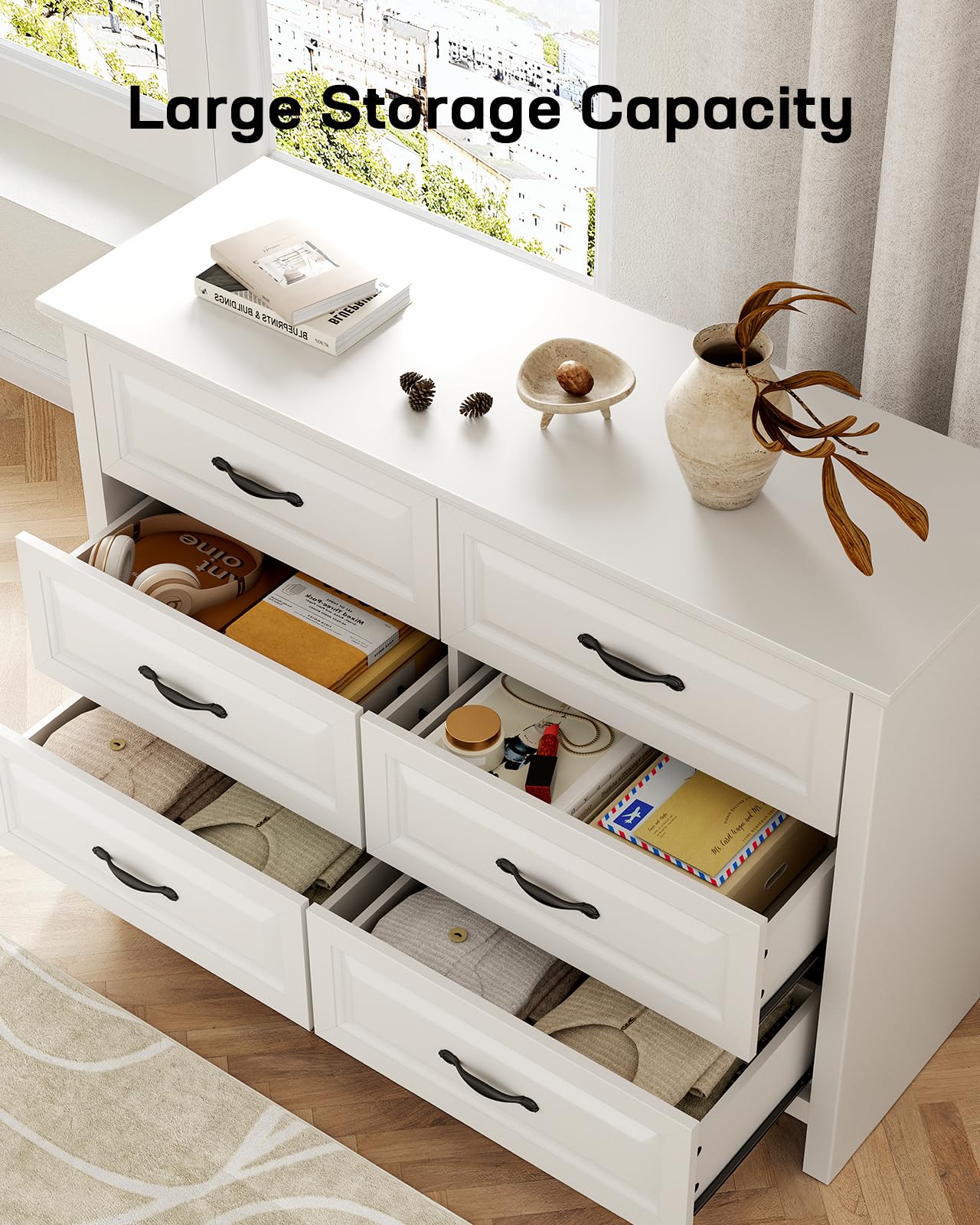 Marsail 6-Drawer Farmhouse Dresser, Solid Wood Storage Space, Sturdy Wide Chest with Smooth Glide Drawers & Anti-Slip Kit, for Bedroom or Hallway, White