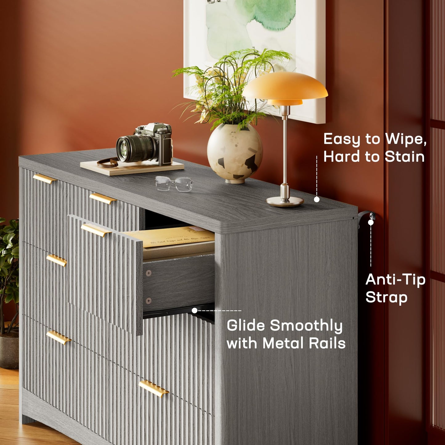 Marsail Fluted 7-Drawer Wide Wooden Dresser, Smooth Gliding Drawers & Large Capacity Storage Space, Modern Organizer Cabinet for Bedroom or Hallway, Light Grey