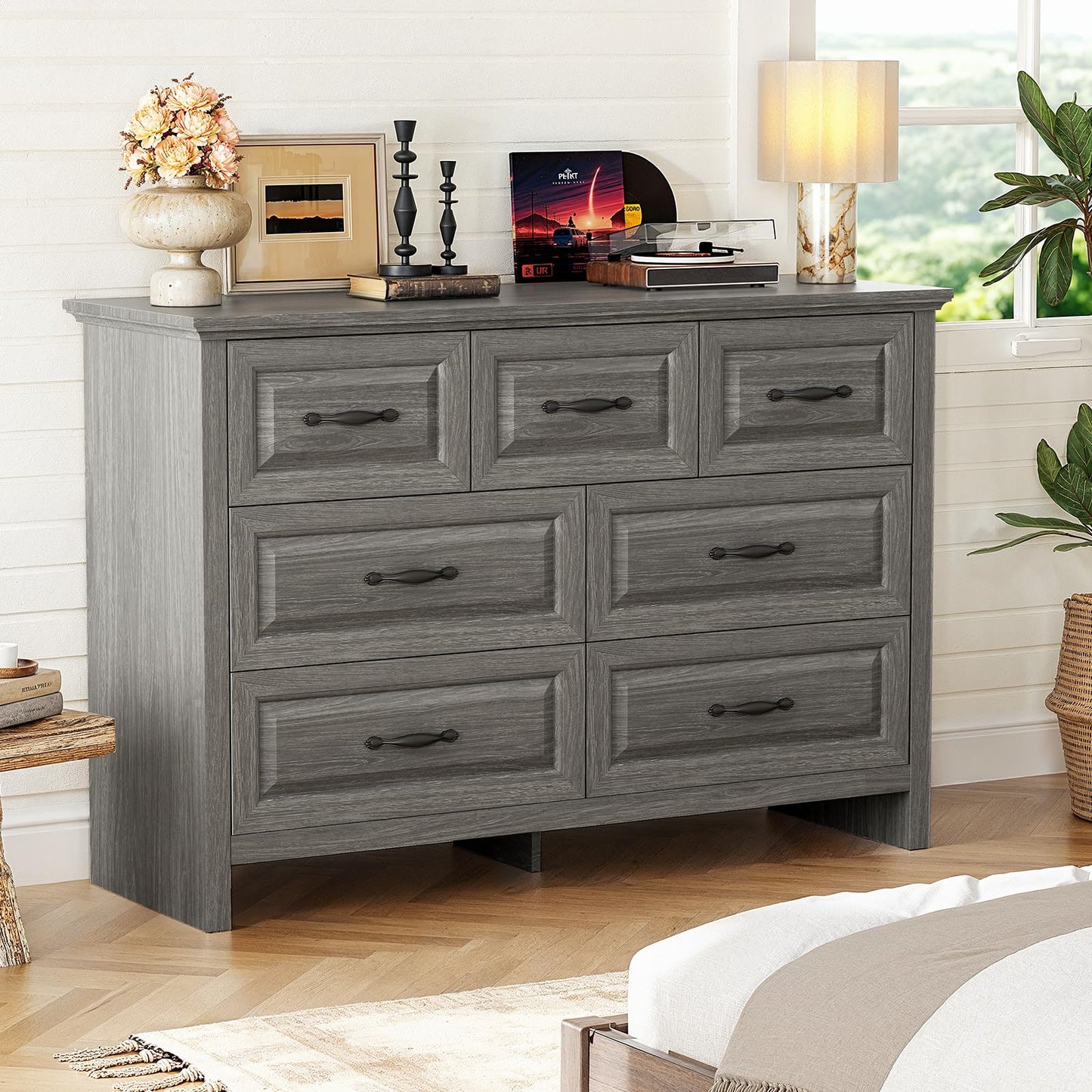 Marsail 7-Drawer Farmhouse Dresser, Solid Wood Storage Space, Sturdy Wide Chest with Smooth Glide Drawers & Anti-Slip Kit, for Bedroom or Hallway, Dark Grey