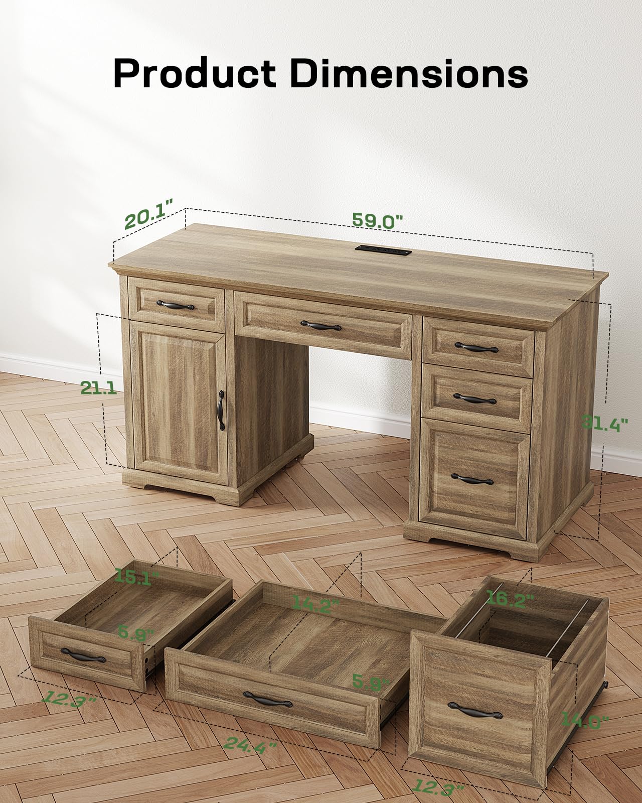 Marsail 60″ Farmhouse Executive Desk, Home Office Desk with Storage Cabinet, Charging Station, Adjustable Shelf, and File Drawer, Rustic Computer Writing Desk for Work & Study, Natural