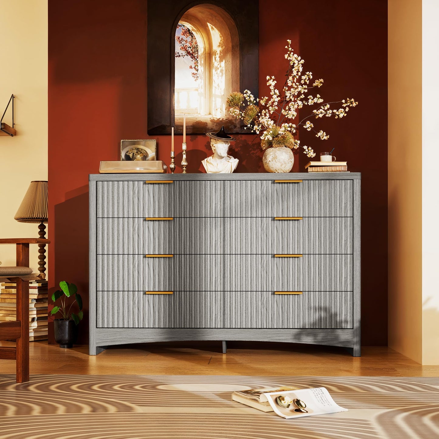 Marsail Fluted 8-Drawer Wide Wooden Dresser, Smooth Gliding Drawers & Large Capacity Storage Space, Modern Organizer Cabinet for Bedroom or Hallway, Light Grey