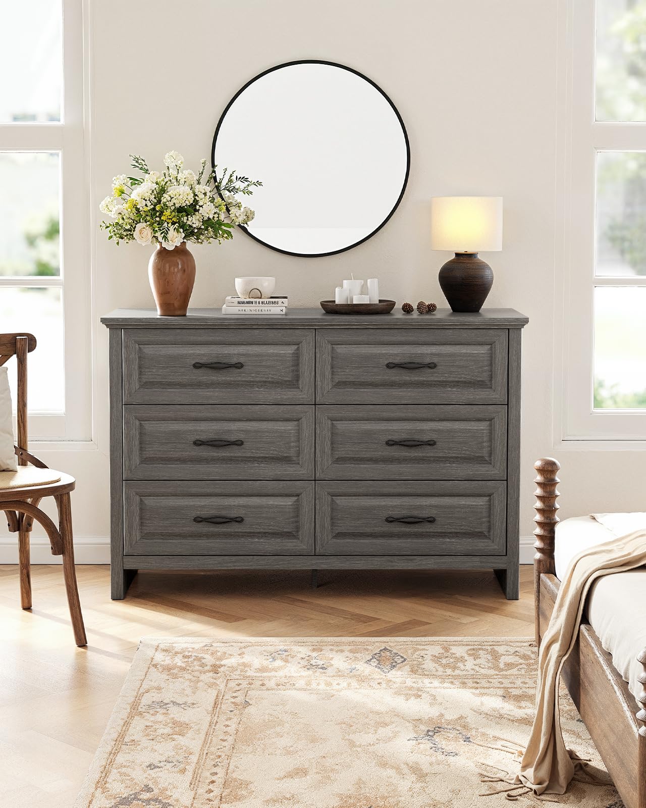 Marsail 6-Drawer Farmhouse Dresser, Solid Wood Storage Space, Sturdy Wide Chest with Smooth Glide Drawers & Anti-Slip Kit, for Bedroom or Hallway, Dark Grey