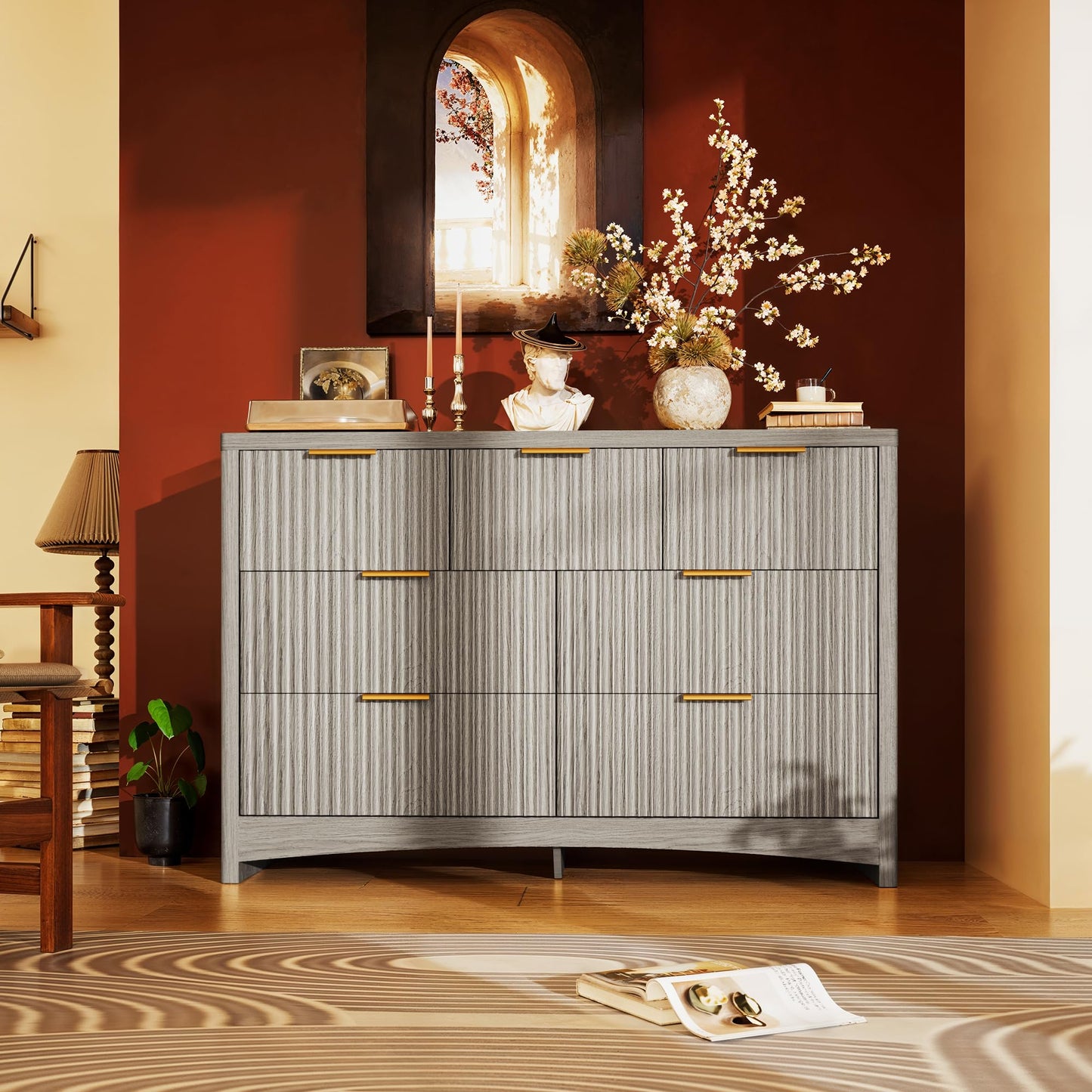 Marsail Fluted 7-Drawer Wide Wooden Dresser, Smooth Gliding Drawers & Large Capacity Storage Space, Modern Organizer Cabinet for Bedroom or Hallway, Light Grey