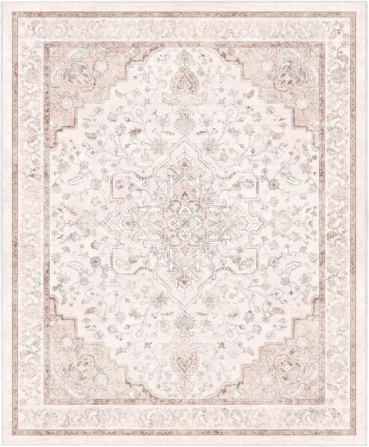 Marsail Washable Area Rug 8x10, Short-Pile Large Floor Carpet with Slip-Resistant Backing, Reinforced Bound Edges and Elegant Vintage Pattern, Perfect for Living Rooms, Dining Areas and Bedrooms