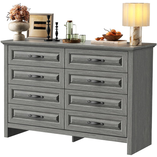 Marsail 8-Drawer Farmhouse Dresser, Solid Wood Storage Space, Sturdy Wide Chest with Smooth Glide Drawers & Anti-Slip Kit, for Bedroom or Hallway, Dark Grey