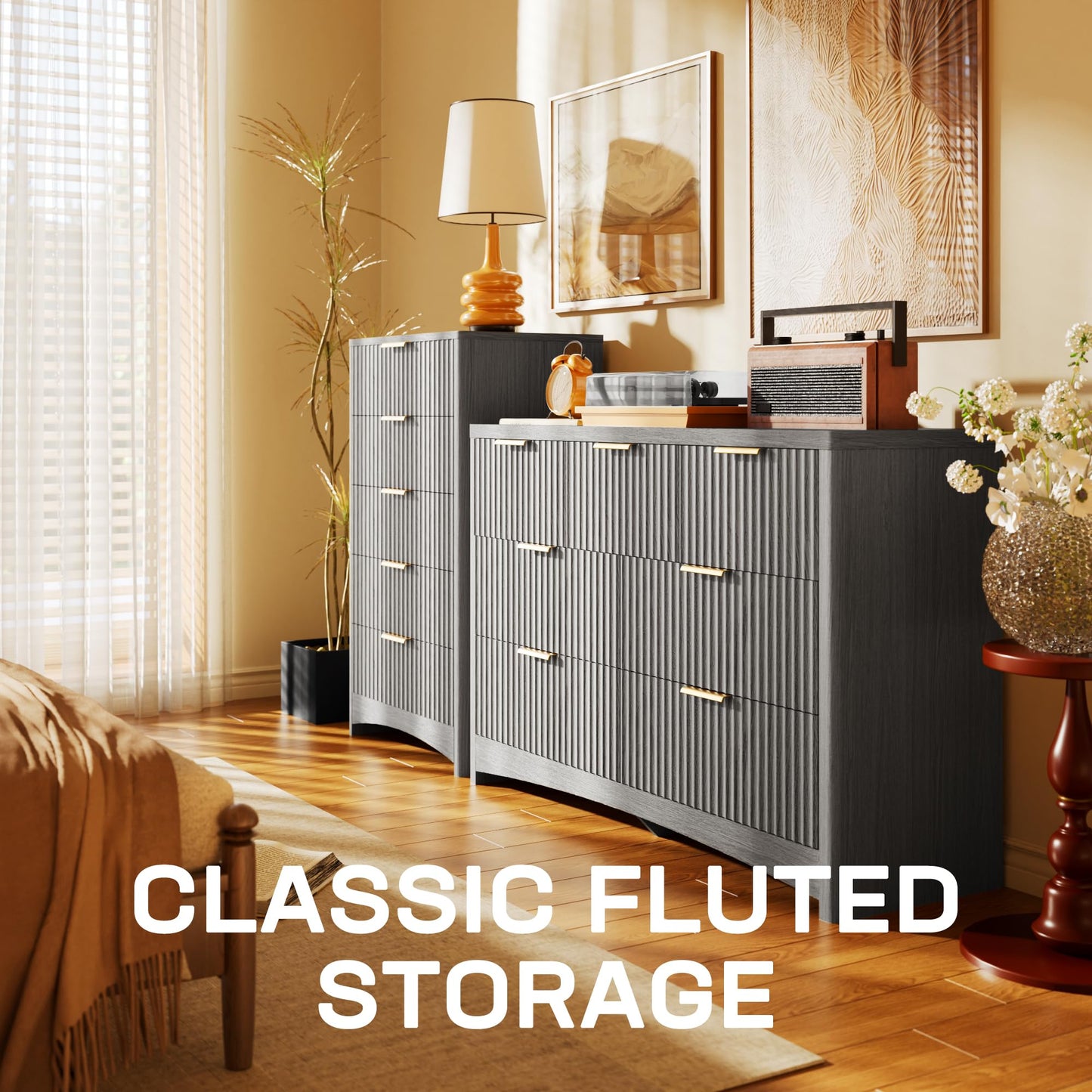 Marsail Fluted 7-Drawer Wide Wooden Dresser, Smooth Gliding Drawers & Large Capacity Storage Space, Modern Organizer Cabinet for Bedroom or Hallway, Light Grey