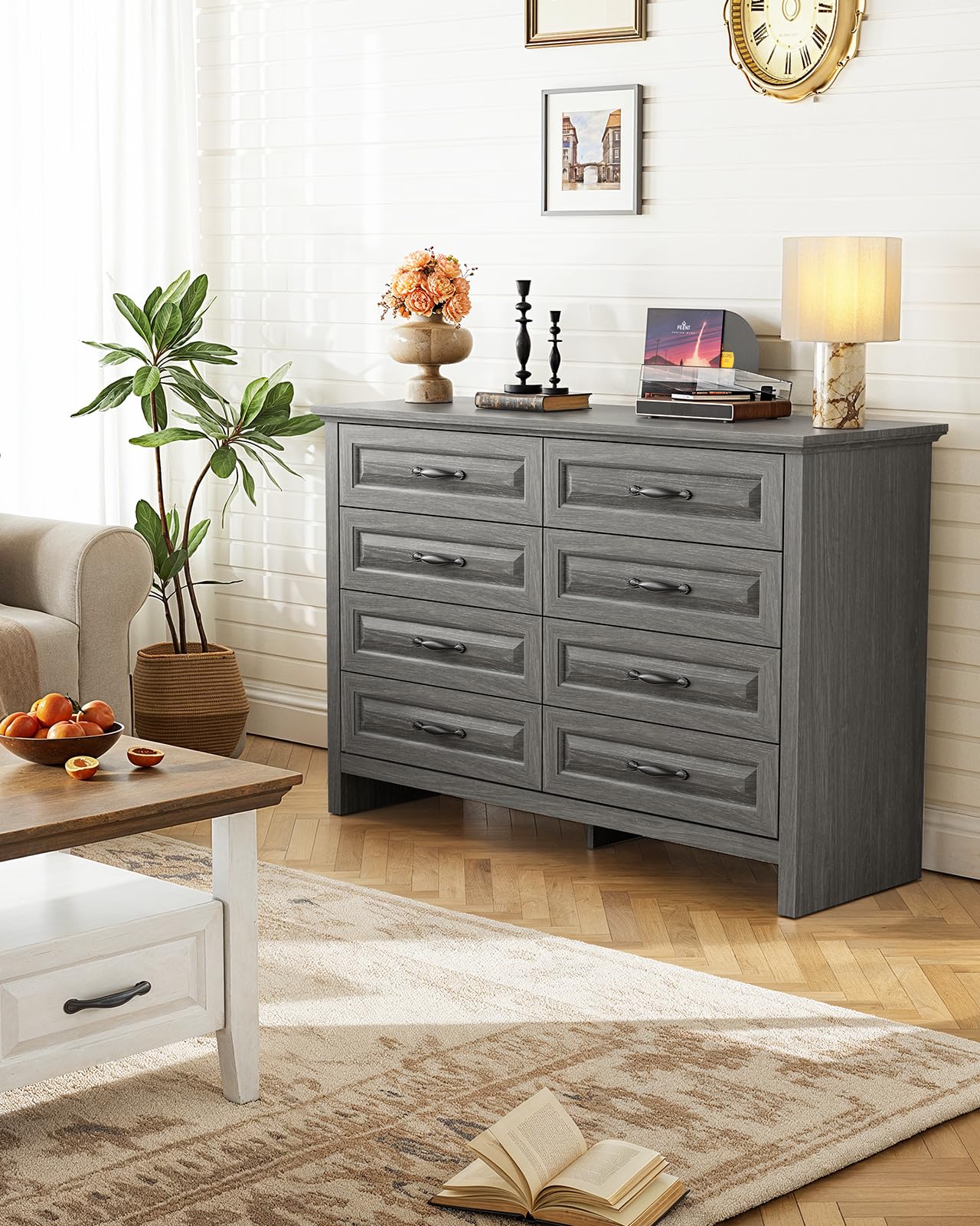 Marsail 8-Drawer Farmhouse Dresser, Solid Wood Storage Space, Sturdy Wide Chest with Smooth Glide Drawers & Anti-Slip Kit, for Bedroom or Hallway, Dark Grey